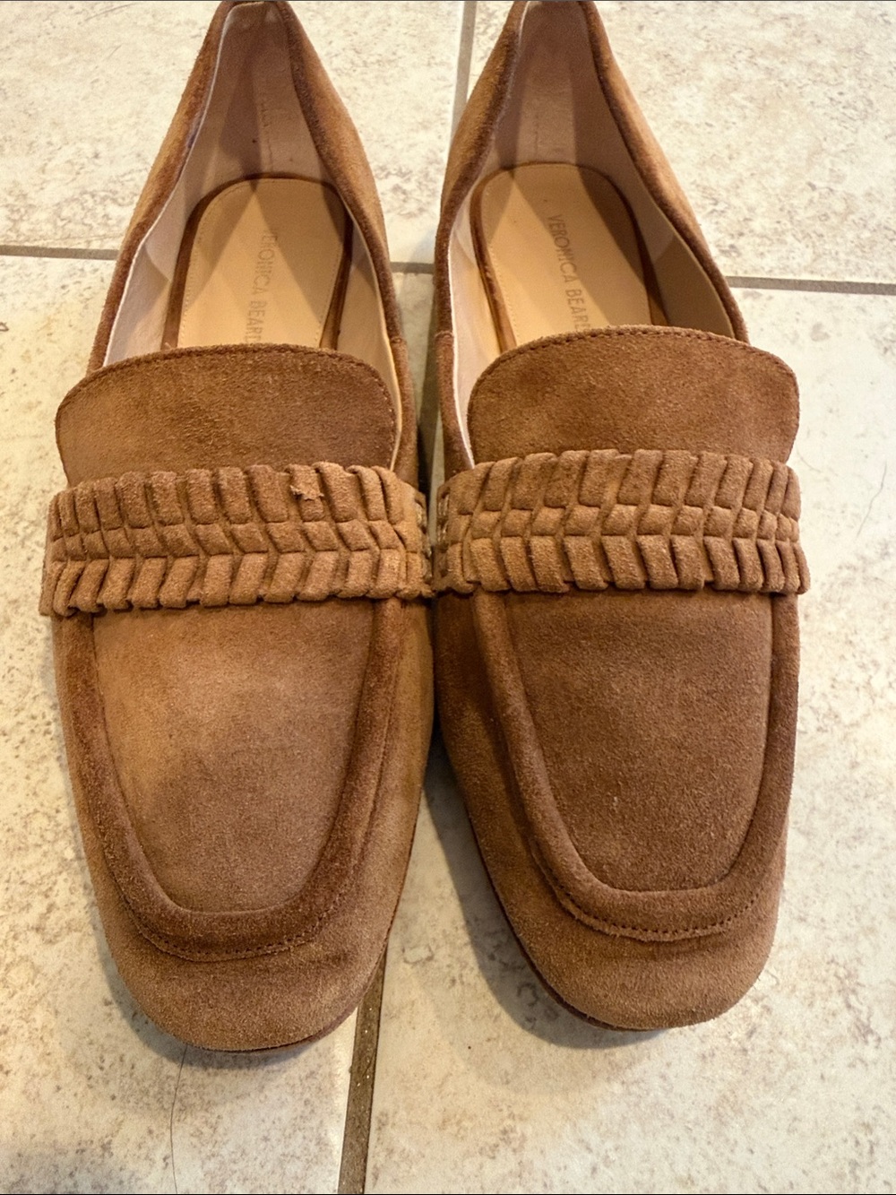 Veronica Beard Tan Suede Braided Strap Loafers